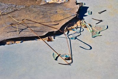 Tarpaper, coat hangers, broken glass and nails are all that remains of a life once lived in Wonder Valley, California.