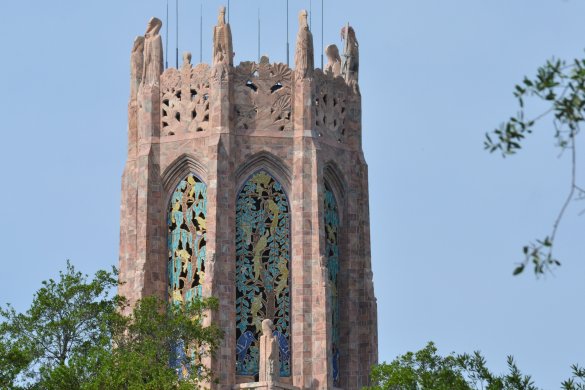 The top of Bok Tower from the visitor's center parking area