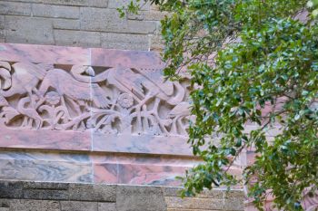 Pink marble, pink flamingos in stone, Bok Tower, Florida.