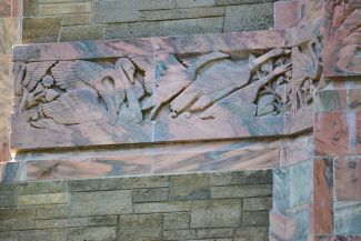 Swans and geese, done in pink marble. Art Deco on Bok Tower, Florida.