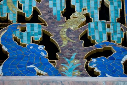 Tilework detail, apes, near top of Bok Tower, Florida.