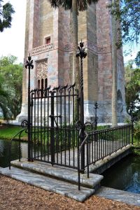 The gate on the bridge across the moat, on the northeast side of Bok Tower.