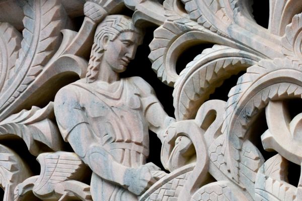 Close-up detail of the exquisite Art Deco stone carving, flamingo feeder, Bok Tower, Florida.