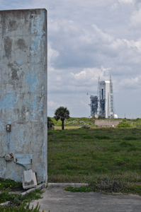 Ruins overlooking a live launch pad. The live pad is Complex 37, the dead pad is Complex 34, Cape Canaveral Air Force Station.
