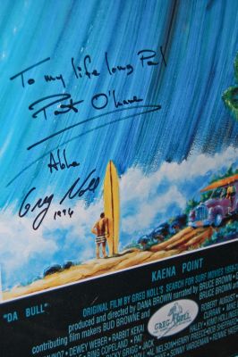 Pat O'Hare shaped surfboards for Greg Noll and this is a poster signed by Greg.